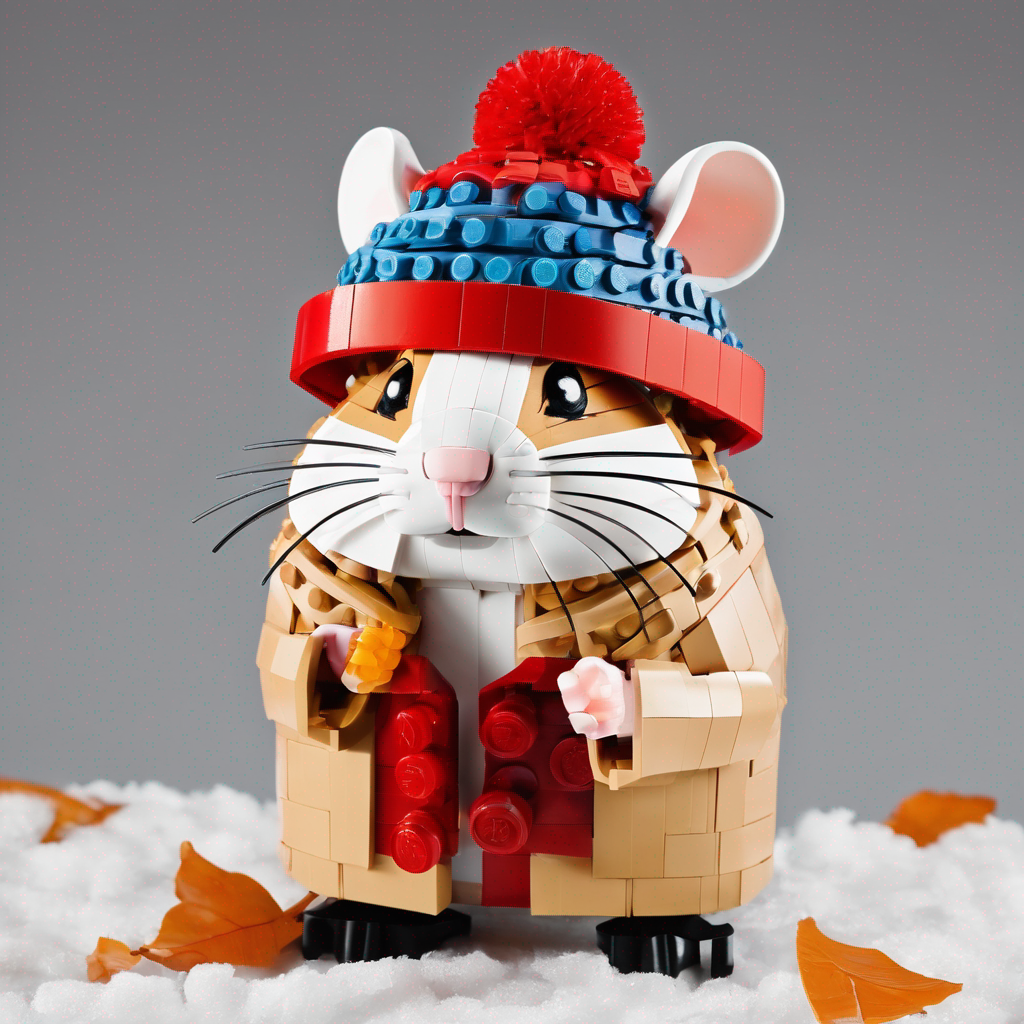 a lego hamster wearing a winter coat and hat