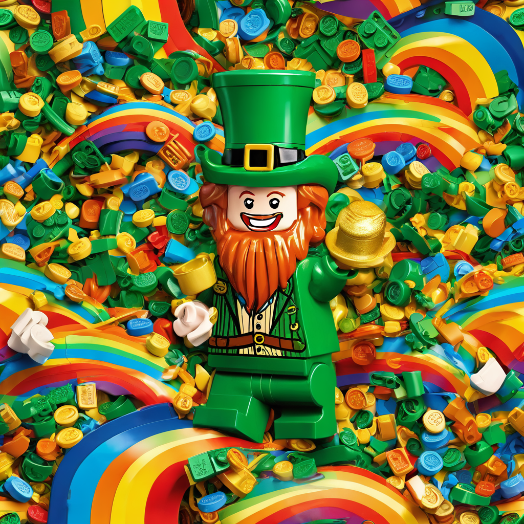 a lego leprechaun sitting near a pot of gold at the end of a rainbow