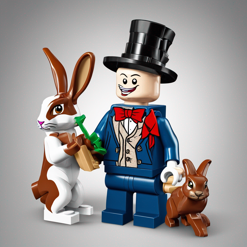 a lego magician pulling a rabbit out of a hat