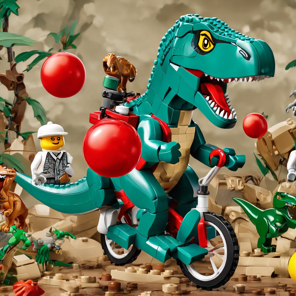 a lego tyrannosaurus rex riding a unicycle while juggling three red balls and wearing overalls and glasses while other dinosaurs crowd around to watch